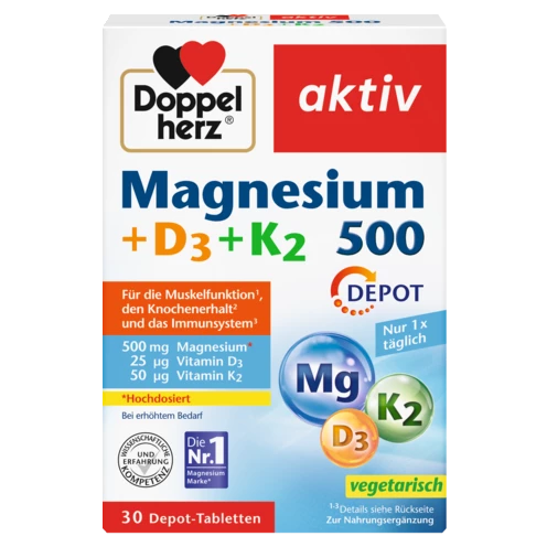 Abbildung der Produktverpackung Doppelherz aktiv Magnesium 500 + D3 + K2 Frontansicht